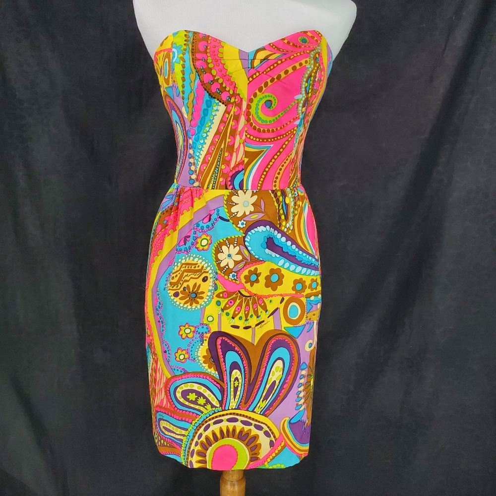 Milly Strapless Paisley Multicolor Cocktail Dress - Pink, Yellow, Blue